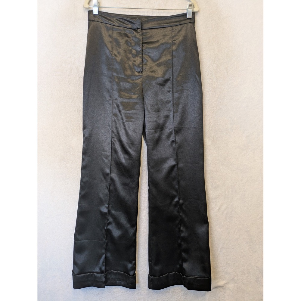 D&M Trousers Women's Size M Black Satin High Rise Wide Leg Cuffed Evening Pants